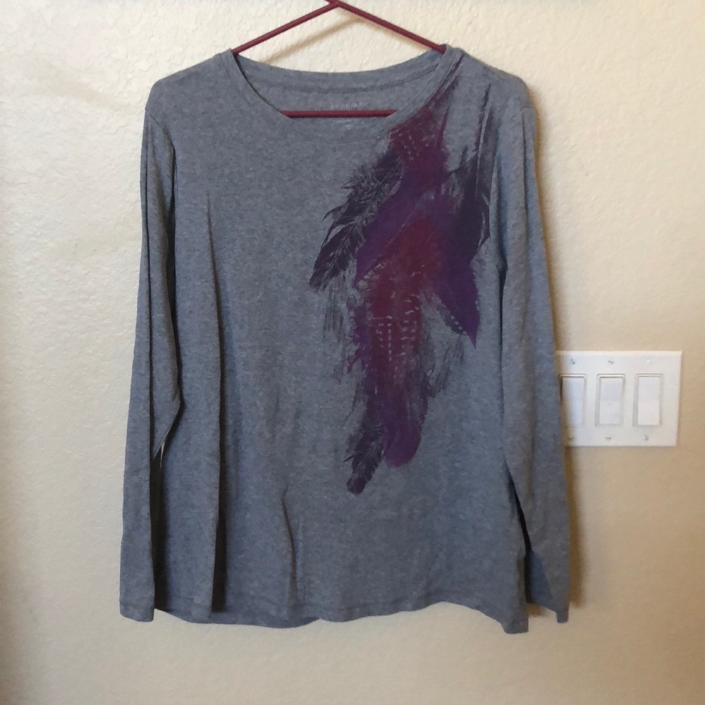 Gray with purple and pink accents. Long sleeve t